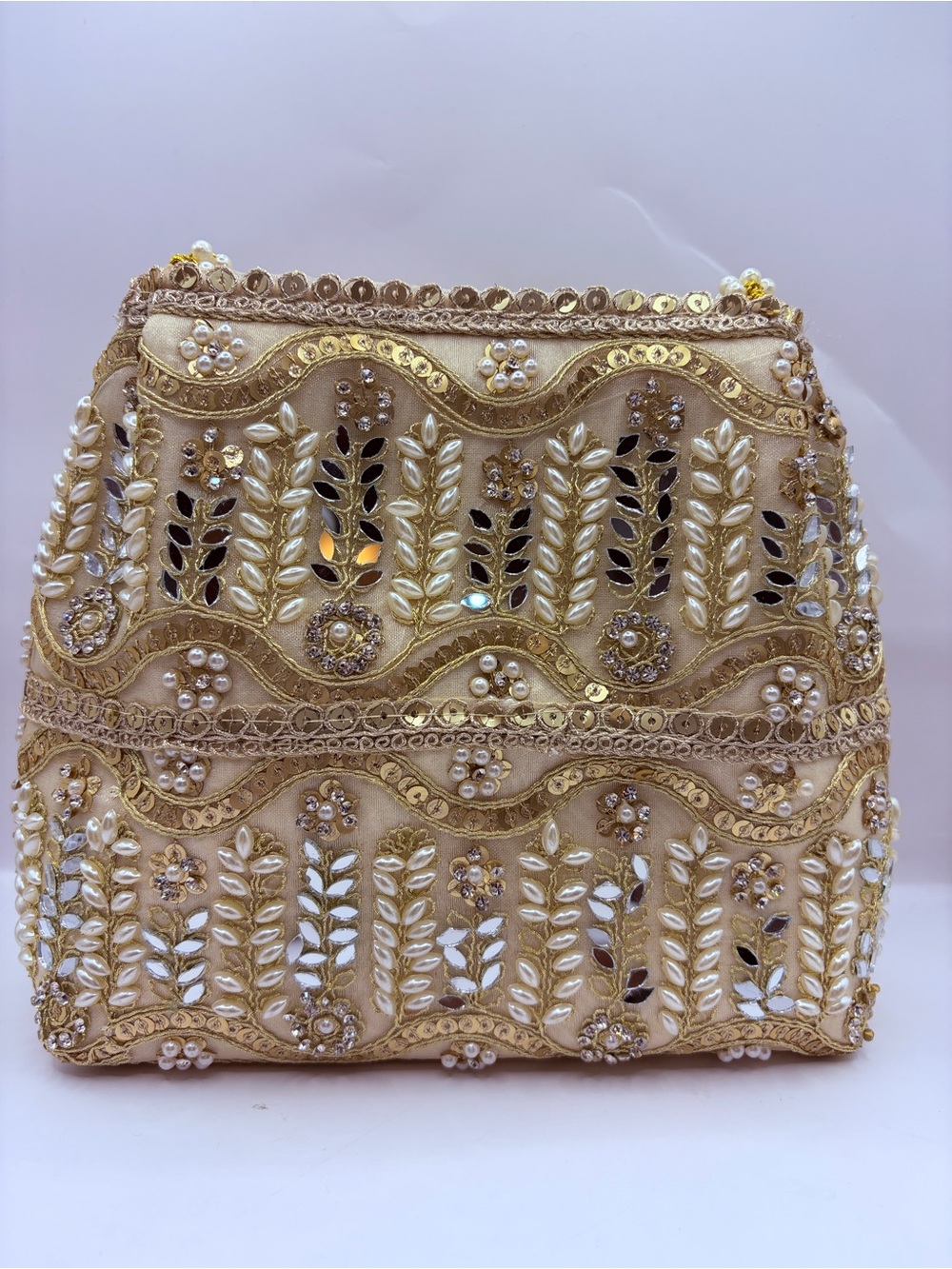 Kundan Gold Handmade Embroidered Polti Bag With Pearls And Mirror Motifs